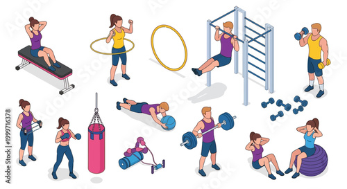 Fitness icons, workout illustrations, exercise vector set, gym equipment graphics