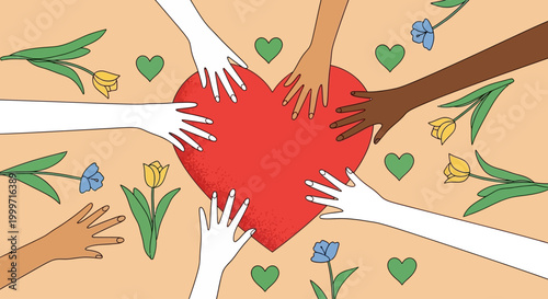 Diverse hands holding heart, unity and love vector illustration, symbol of charity, support and community. Diverse people coming together, heart with hands, love and care concept