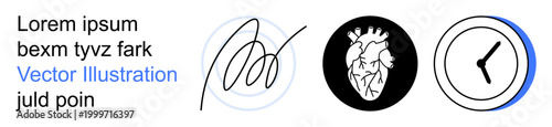 Medical symbols, time management, education materials, modern technology, signatures, graphic design. Hand-drawn signature, heart icon clock ion. Medical and time management