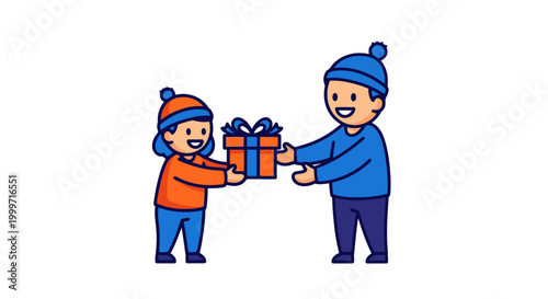 Two children exchanging gifts happily.