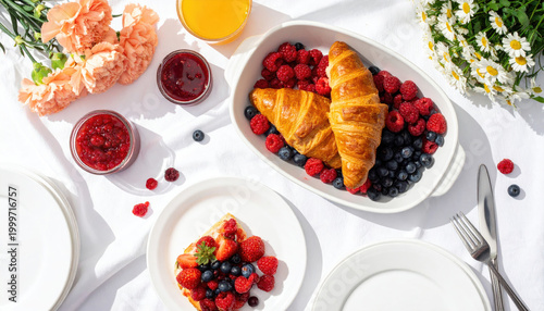Delicious breakfast spread with croissants fresh berries jam and orange juice on a white tablecloth