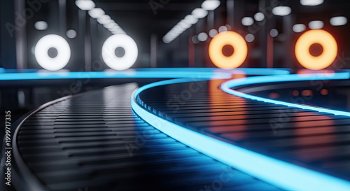 Futuristic conveyor belt with glowing neon blue lights and circular objects in a dark industrial setting