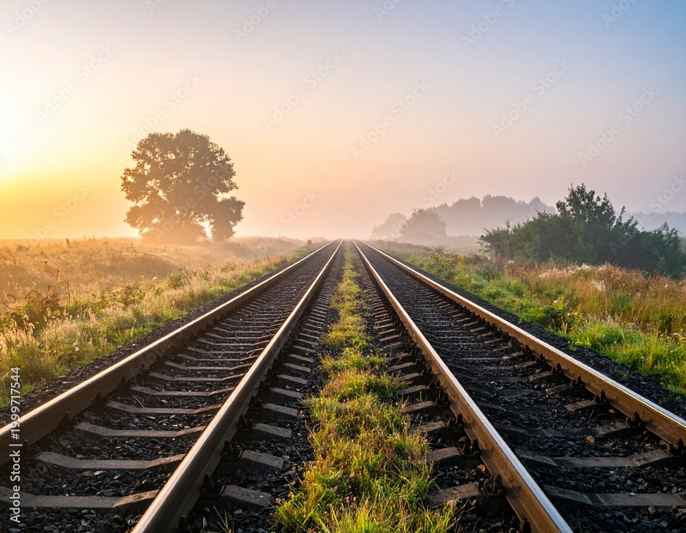 Fototapeta premium dreamy landscape of two train tracks running separately through a misty