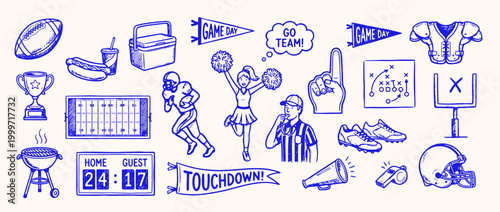 American Football Icon Set: A comprehensive collection of hand-drawn American football icons, capturing the essence of the game from the gridiron to the stands, rendered in a crisp.