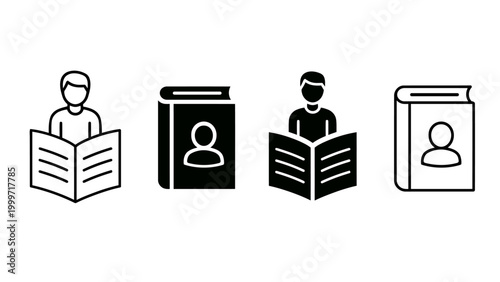 Reading book or learning solid line icons set. Reader, education, library symbol. Vector editable illustration.