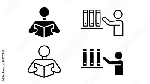 Reading book or learning solid line icons set. Reader, education, library symbol. Vector editable illustration.