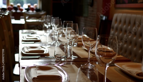 empty wineglasses and plates on restaurant table