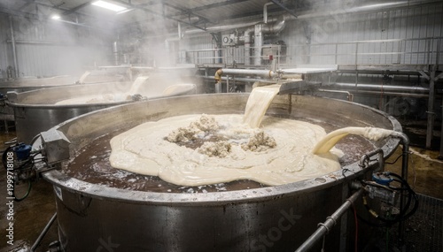Medium shot of opentop tanks in a coagulation section where latex merges with coagulant forming crumb rubber amid steam rising from the industrial setup.