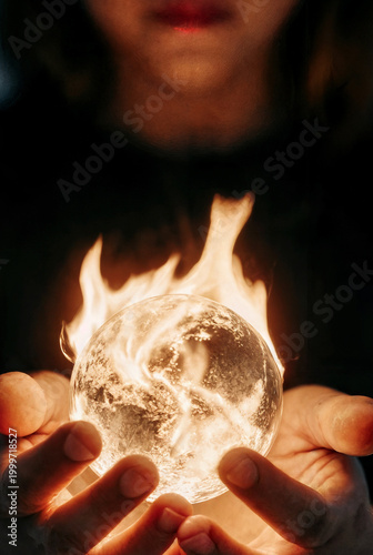 A person holds a glowing, flame-engulfed crystal sphere in their cupped hands, the fire illuminating their palms against a dark, blurred background. The image evokes a sense of wonder and power, as if