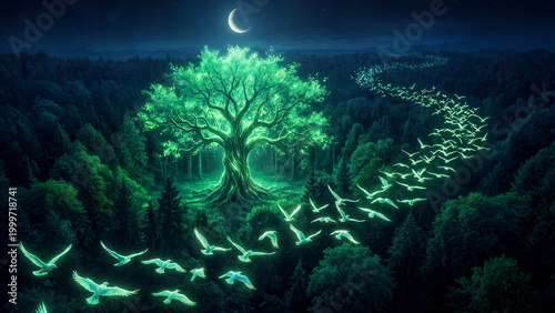 Under a crescent moon, a colossal, luminous green tree glows at the heart of a dense forest, its radiant branches casting an ethereal light. A flock of glowing birds flies in a graceful, winding path 