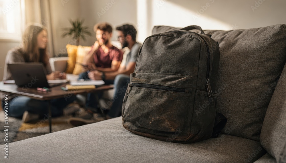 Fototapeta premium Main focus on a students backpack resting on a sofa in a shared apartments common area blurred scene shows mates engaging in group study sessions nearby.
