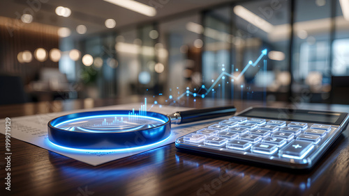 Financial analysis equipment on a wooden desk with a glowing business chart