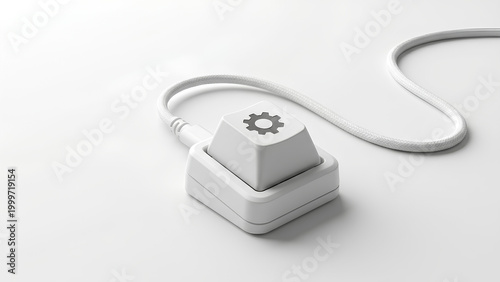 A unique concept featuring a keyboard key with a gear symbol plugged into an electrical socket, symbolizing technology and connection. 