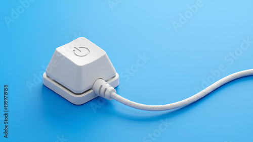 A power button computer key on a blue background, symbolizing technology and control. The key has a minimalist design and a modern look