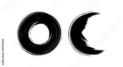 Black ink brush stroke circle and crescent moon shapes on white background modern abstract art