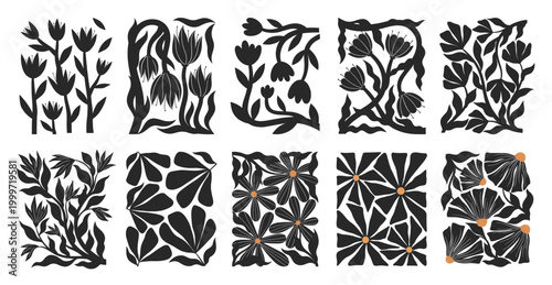 Floral bundle in linocut printmaking style.Nordic folk botanical illustration set with widflowers,branches and leaves.Bold black and white flower silhouettes for branding,packaging,posters,patterns.