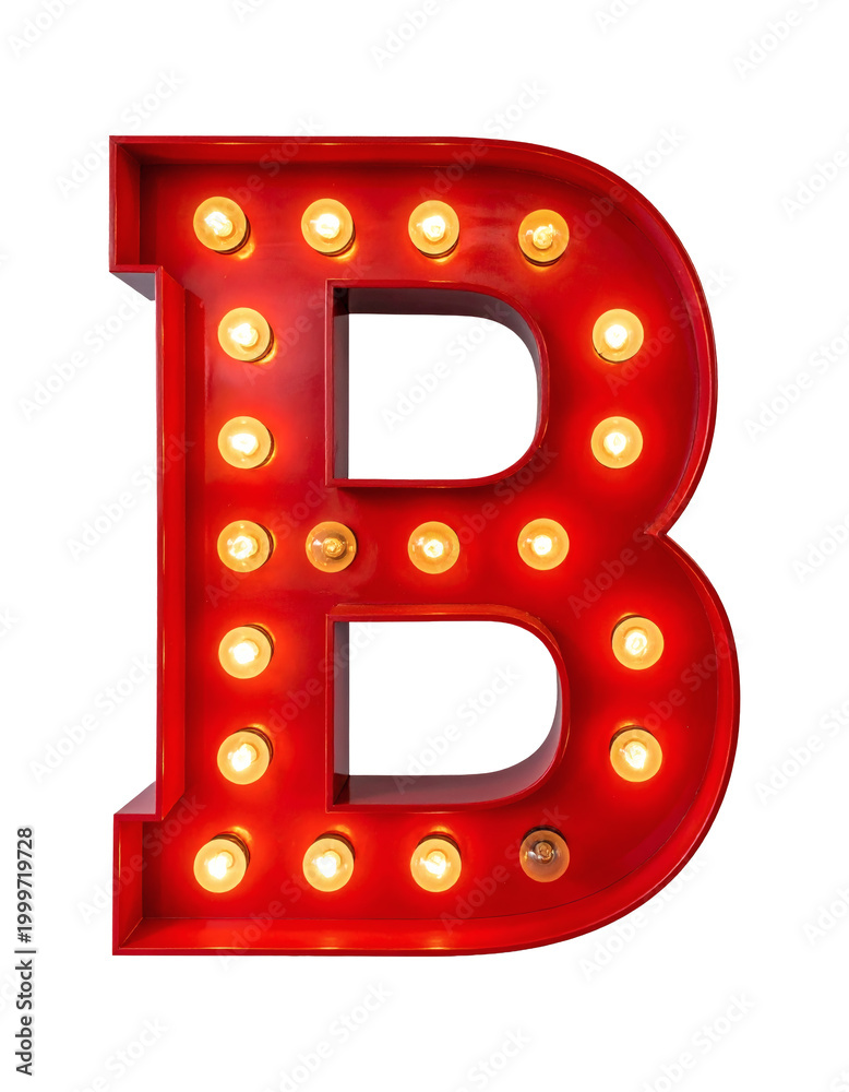 Fototapeta premium Striking bright red marquee letter b featuring illuminated vintage style light bulbs perfect for cinematic signage&nbsp;