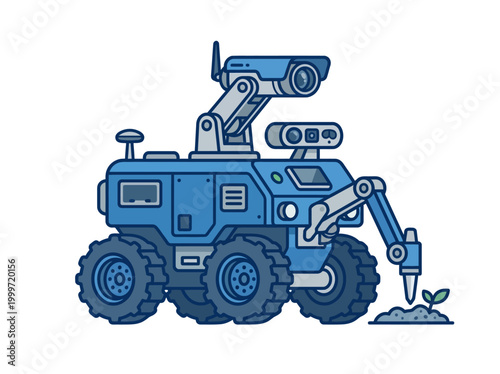 A robotic machine digs with a scoop outdoors with camera