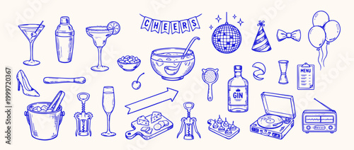 Festive Gathering: Hand-drawn illustrations capture the essence of a lively gathering, complete with cocktails, balloons, and celebratory decorations, all rendered in a stylish monochrome palette. 