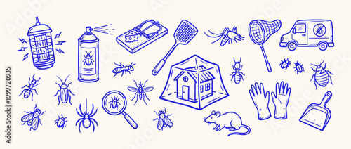 Pest Control Tools and Creatures: A comprehensive illustration showcasing an array of pest control tools and the insects they combat.