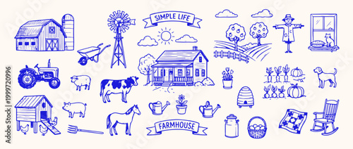 Farm Life Collection: A charming pen and ink illustration showcasing a rustic farmhouse scene, capturing the essence of rural living and the simple beauty of country life.