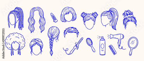 Hairstyle Fashion Collection: A charming collection of various hairstyles and hair styling tools, showcasing the diverse ways individuals can express their personal style.