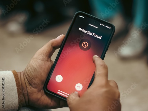 Fotografie Person receiving scam warning call on smartphone screen with 'Potential Fraud' m