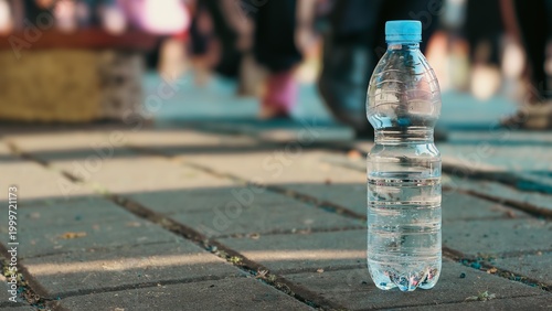 Foto A plastic packaged drink with a blurred background of a person exercising