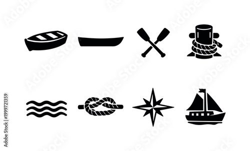 Classic small watercraft. Filled icon set of Classic small watercraft: dinghy boat, skiff silhouette, oar pair