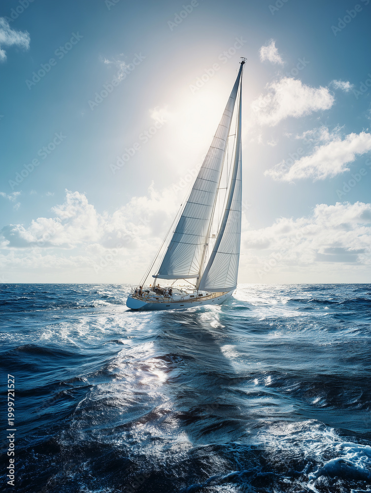 Fototapeta premium Luxury sailing yacht cruising through deep blue ocean waves under a bright sun. Beautiful seascape with a white sailboat in the open sea. Concept of summer travel, freedom and adventure
