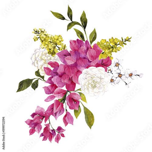 Watercolor hand draw floral bouquet with Italy flowers, yellow, red and pink floral, isolated on white background