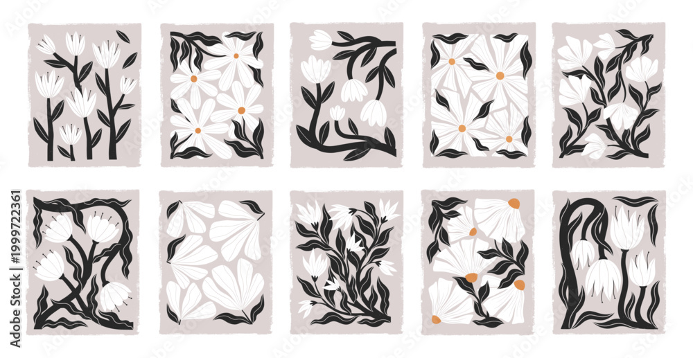 Naklejka premium Scandinavian folk wildflowers bundle in linocut style.Bold black and white botanical vintage prints with ornamental flowing leaves.Dark romantic flower Illustrations with subtle gothic aesthetic.