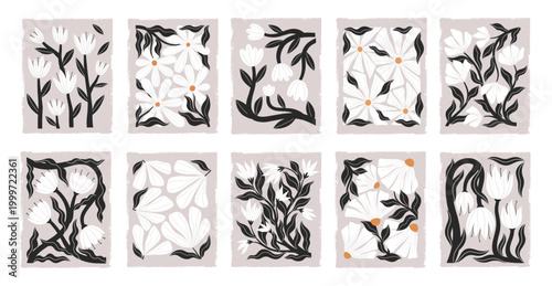 Scandinavian folk wildflowers bundle in linocut style.Bold black and white botanical vintage prints with ornamental flowing leaves.Dark romantic flower Illustrations with subtle gothic aesthetic.