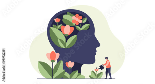 A person gardening flowers growing out of their head profile