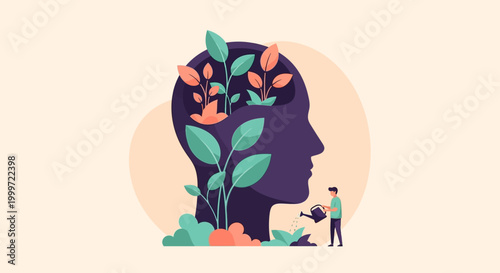 Illustration of a person gardening plants growing out of their head