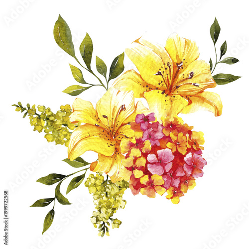 Watercolor hand draw floral bouquet with Italy flowers, yellow, red and pink floral, isolated on white background