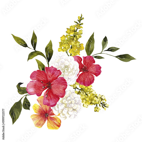 Watercolor hand draw floral bouquet with Italy flowers, yellow, red and pink floral, isolated on white background