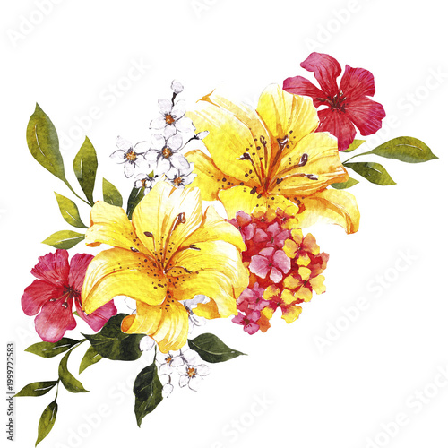 Watercolor hand draw floral bouquet with Italy flowers, yellow, red and pink floral, isolated on white background