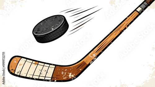 Ice hockey stick hitting flying puck illustration