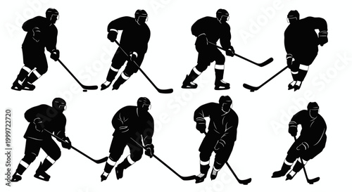 Ice Hockey Player Silhouettes in Various Action and Skating Poses