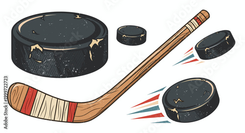 Retro wooden ice hockey stick and pucks vintage illustration