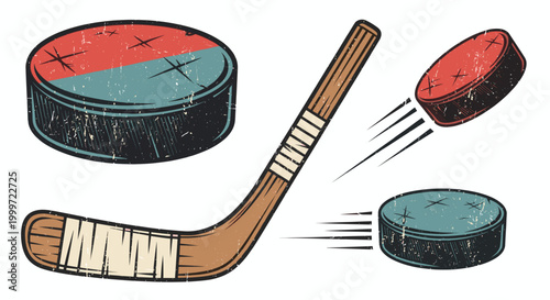 Vintage ice hockey stick and pucks set in retro illustration style