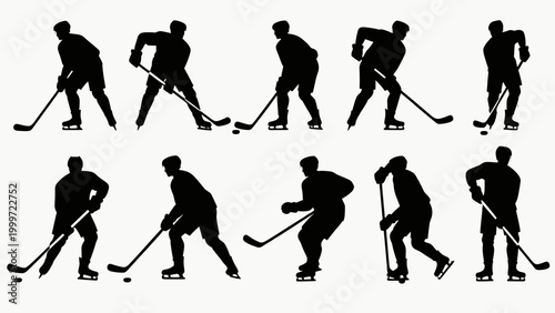 Ice hockey player silhouettes in action poses on white background