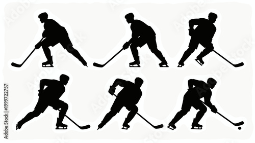 Six ice hockey player silhouettes performing various sports actions