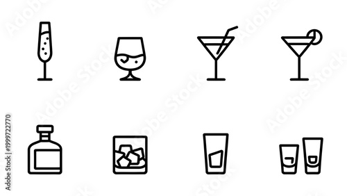 Bar and Alcoholic Beverage Minimalist Line Icon Set