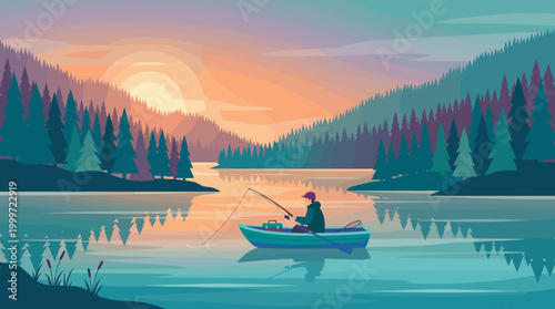Fishing adventure at sunrise serene lake digital art tranquil nature scenic view peaceful concept