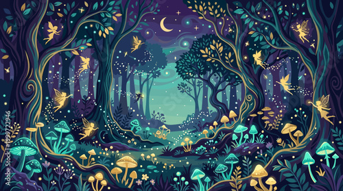 Enchanting forest fairies dance under the moonlight magical woods digital artwork fantasy nighttime whimsical