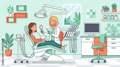 Dental checkup with friendly dentist modern clinic digital illustration clean environment patient-centric view