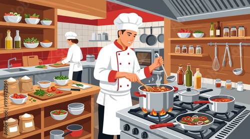 Culinary action in a professional kitchen chef cooking food preparation vibrant environment engaging viewpoint