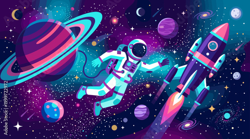 Astronaut exploring cosmic wonders outer space digital art colorful galaxy dynamic perspective adventure in space